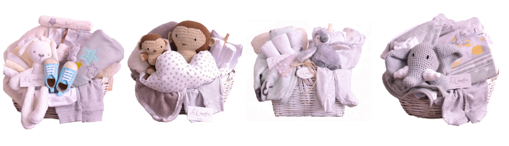 Canastas de regalo para nacimiento de bebé sorpresa diseñada con colores neutrales