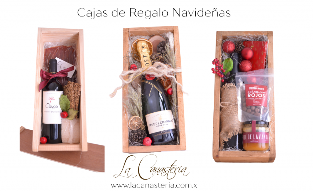 Cajas de regalo navideñas con elegante arreglo de vino y productos gourmet