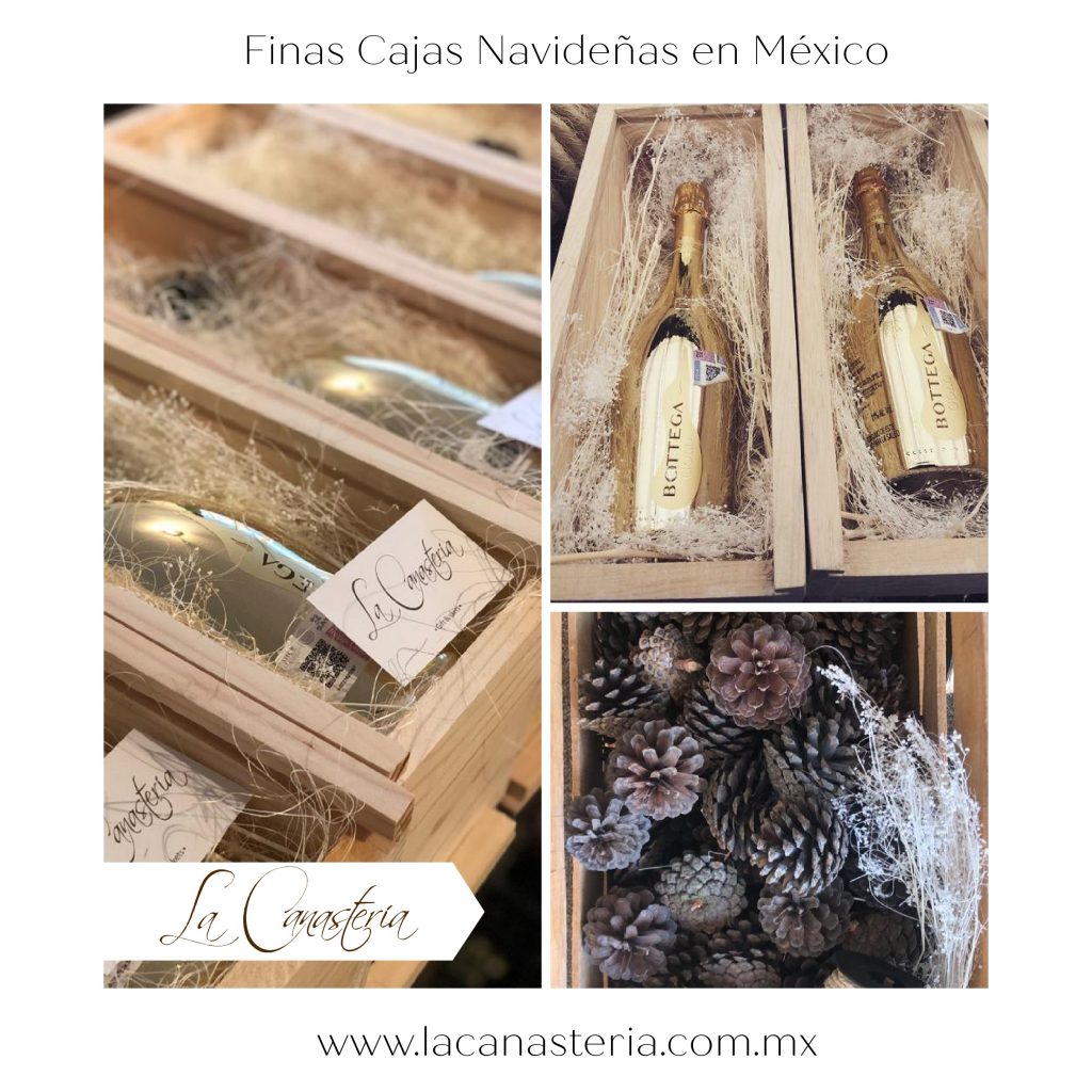 Cajas de regalo navideñas de lujo para empresas con elegante vino espumoso y diseño boutique La Canastería