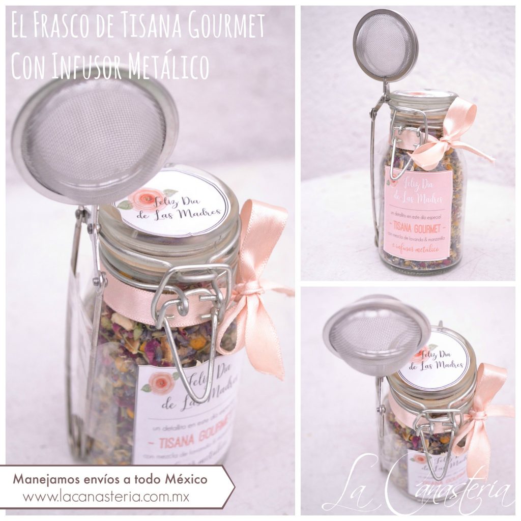 Frasco de vidrio con infusor metalico y tisana gourmet para regalos corporativos