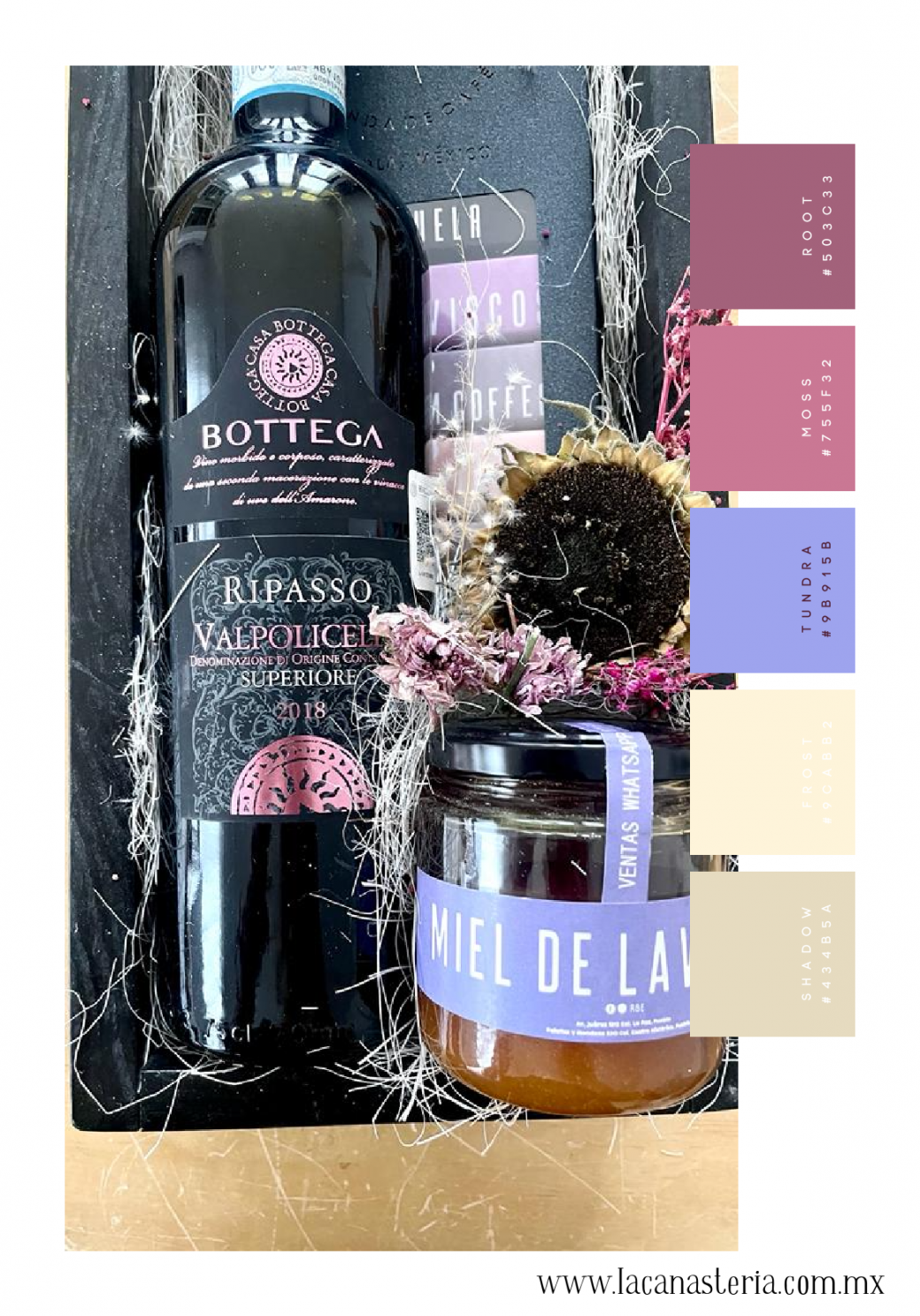 Finas cajas de regalo con arreglo de vino y productos gourmet para mujer de La Canastería con envío a domicilio en todo México