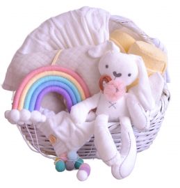 Canasta para Niña Recién Nacida : Blanco Arcoiris