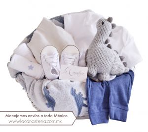 Preciosa y original canasta de regalo para bebé con temática de dinosaurio para niño! 
