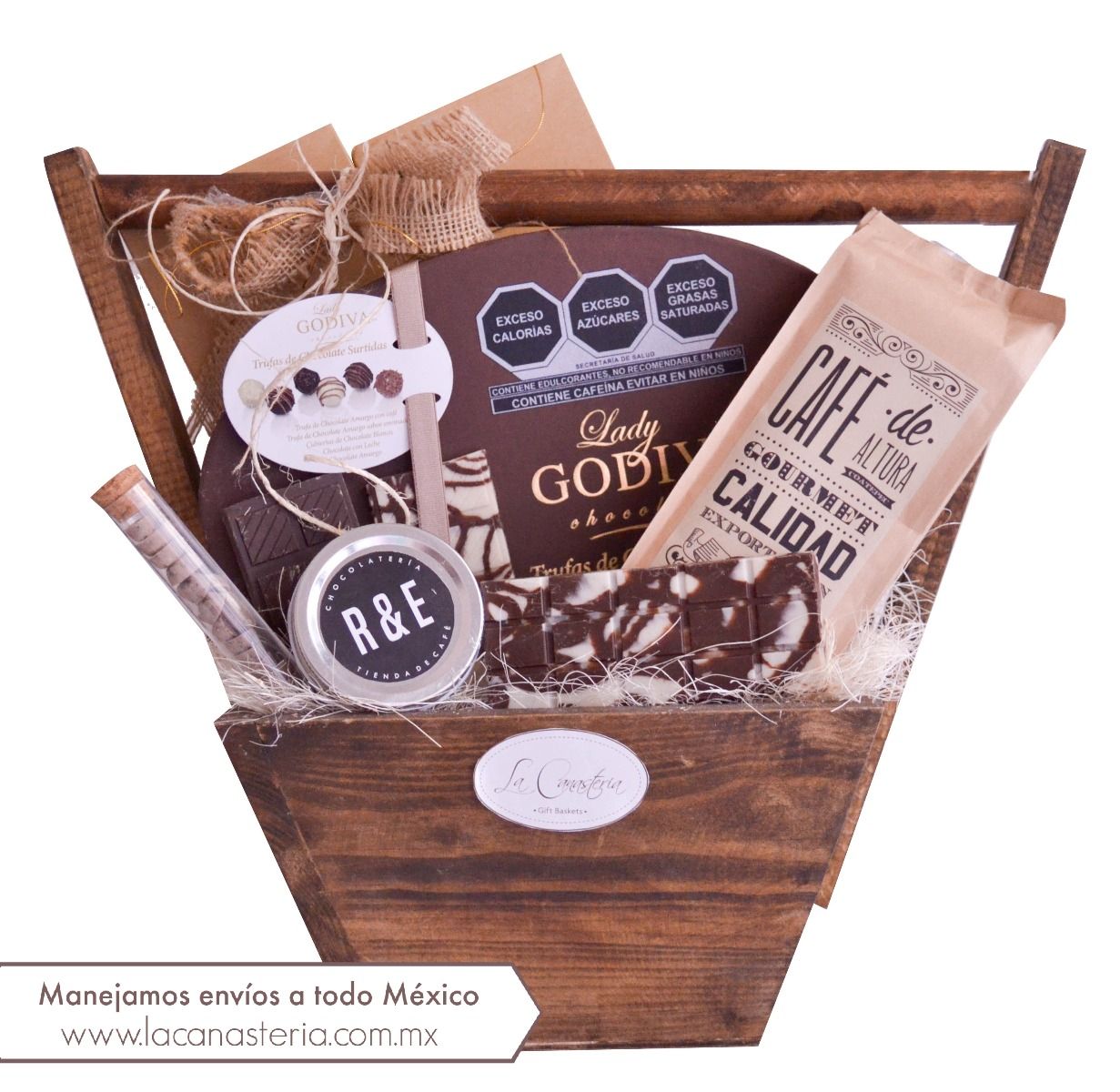 Elegantes canastas de regalo con chocolates para hombre o mujer