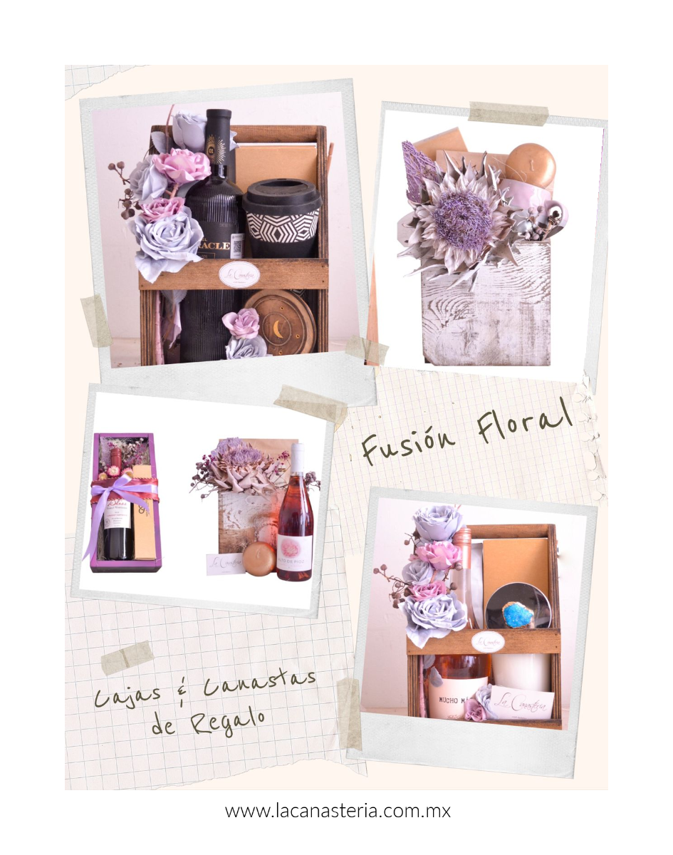 Cajas de regalo para mujer con vino y flores La Canastería