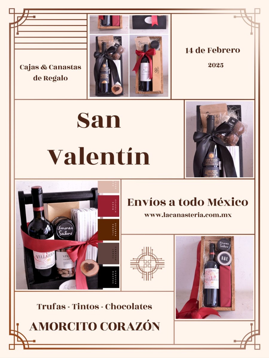 Cajas y canastas de regalo para el 14 de Febrero con vino y chocolates La Canatería